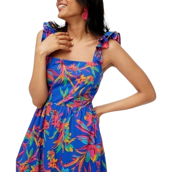 J. Crew Colorful Tropical Square Neck Ruffled Midi Smocked Cotton Dress 4 NWT - Picture 4 of 14